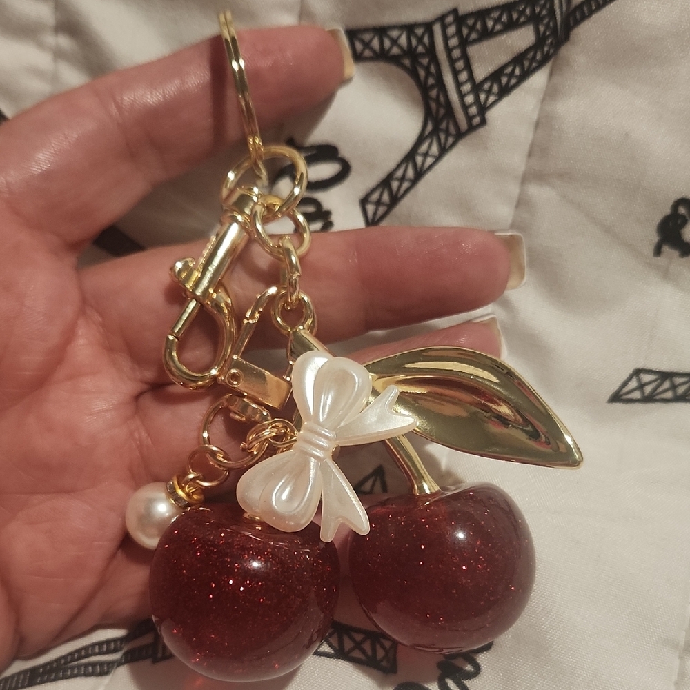 Large Cherry Charm Keychain with Bow and Gold Accents